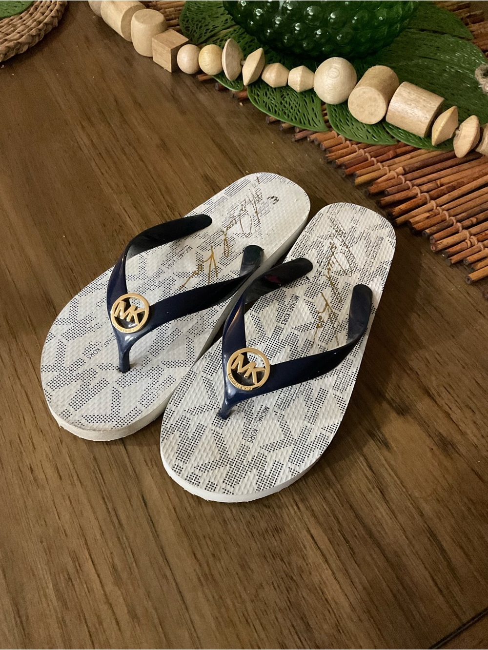 Michael Kors Navy Strap Flip Flops with White Logo Footbed